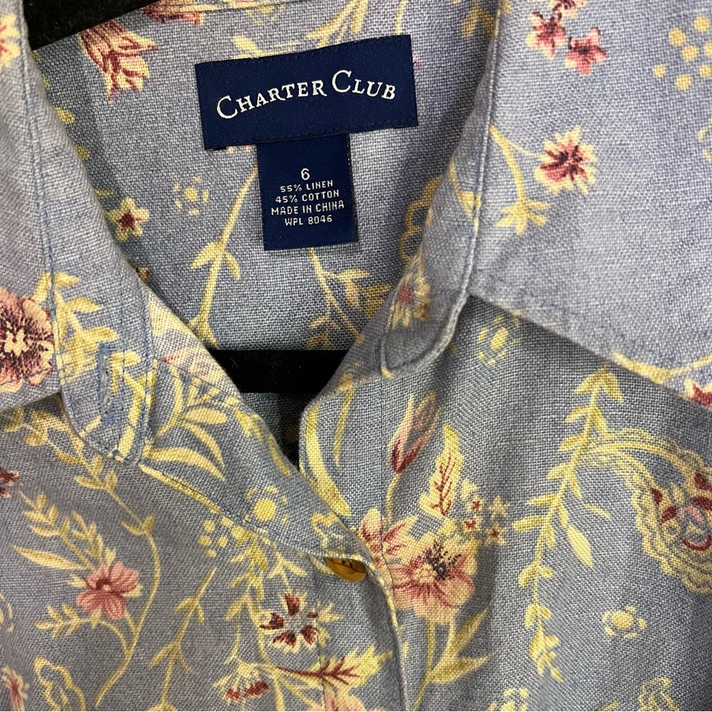 Charter Club Sleeveless Shirt Dress 6 Blue Floral Paisley Linen Cotton M… - Picture 4 of 5